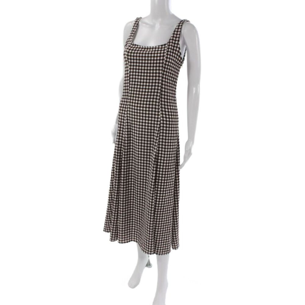 Zara Womens A-Line Gingham Midi Dress Brown Square Neck Sleeveless Zip Size M - Picture 2 of 5